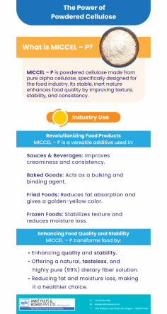 MICCEL — P is a premium powdered cellulose made from pure alpha cellulose, designed to enhance food quality, texture, and stability. Perfect for a variety of food products, it offers a natural, tasteless, and healthy fiber solution that reduces fat absorption and moisture loss.

Discover the power of MICCEL — P to elevate your food formulations today!

Ankit Pulps & Boards Pvt. Ltd.

39/2, Bhilgaon, Kamptee Road, Dist, Post, Khairy, Nagpur, Maharashtra 440026

+91 99700 57680