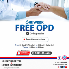 One Week FREE Orthopaedics OPD is here! From 23rd December 2024 (Monday) to 28th December 2024 (Saturday), avail FREE Consultation with expert orthopaedic specialists. Timings are from 10:00 AM to 3:00 PM daily. Don't miss this opportunity to prioritize your bone and joint health. Call: 91 9023884444.