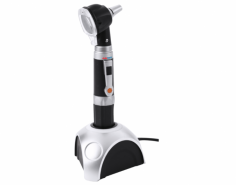 Abimed Otoscope features a three-time magnification window, fiber-optic illumination, and a rechargeable handle with an on-off switch. It is designed for bright and clear viewing with wide screen visibility and includes ear tips in multiple sizes, ensuring versatile and precise diagnostic capability.