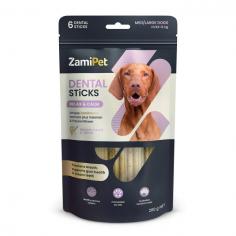 ZamiPet Dental Sticks Relax & Calm are delicious dog treats formulated to support overall oral health for dogs with the added benefits of Valerian Root and Passionflower for a healthy nervous system. These unique four-clover-shaped sticks provide gentle abrasion during chewing and help clean tartar and plaque buildup whereas its unique formulation freshens breath, promotes healthy gums, and prevents periodontal diseases in dogs.