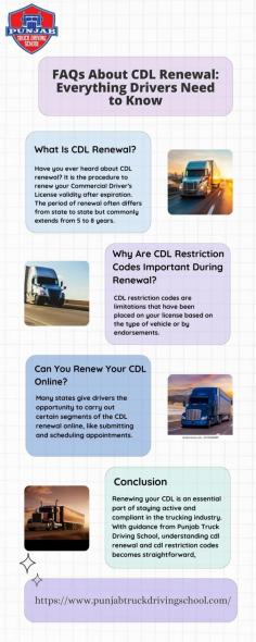 Confused about CDL renewal? Discover everything you need to maintain your Class A license without hassles. Understand how CDL restriction codes may affect the renewal process and ensure you're fully prepared for the road ahead. Visit here to know more:https://smithahana84.wixsite.com/punjab-truck-driving/post/faqs-about-cdl-renewal-everything-drivers-need-to-know