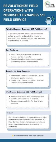 Streamline your field service operations with Microsoft Dynamics 365 Field Service. Optimize scheduling, empower technicians, and deliver proactive maintenance for improved customer satisfaction and operational efficiency.