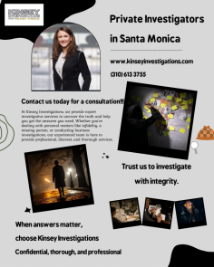 Looking for a reliable private investigator in Santa Monica? Kinsey Investigations is here to help you uncover the truth. Our experienced team specializes in conducting discreet and thorough investigations to provide you with the answers you need. Whether it's surveillance, background checks, or infidelity investigations, trust Kinsey Investigations to deliver professional and confidential services tailored to your specific needs. Your peace of mind is our priority. Visit us now!