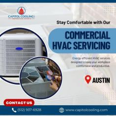 Cleaning and servicing HVAC components improve air circulation, creating a healthier and more comfortable environment for both employees and customers. At Capitol Cooling, we specialize in expert commercial HVAC servicing in Austin. Our customized servicing packages are designed to maximize system performance and efficiency while fitting your budget. Call us today to schedule your service.