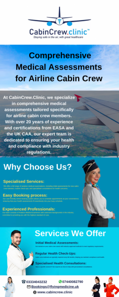 Infographic:- Comprehensive Medical Assessments for Airline Cabin Crew

At CabinCrew.Clinic, we specialize in comprehensive medical assessments tailored specifically for airline cabin crew members. With over 20 years of experience and certifications from EASA and the UK CAA, our expert team is dedicated to ensuring your health and compliance with industry regulations.

Know more: https://www.cabincrew.clinic/
 