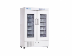  Advalab Blood Refrigerator ensures safe blood storage at 4 plus or minus 1 degree Celsius with a 658-liter capacity and wiring shelves for stable temperature control. It features a touch-screen display, a rust-proof stainless steel interior, forced air circulation, alarm systems, quiet operation, and a secure lock.