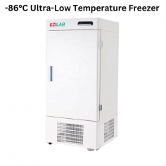 Ezilab -86°C ultra-low temperature freezer is ideal for storing biological products. With a 160 L capacity, a temperature range of -65° to -86°C, and energy-efficient R404a refrigerant, it ensures optimal storage conditions with a noise level of 55 dB and manual defrost.