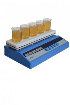 Labnics Multi-Position Hotplate Magnetic Stirrer features motor-driven stirring pans for processes like digestion, evaporation, and dissolution. It has five stirring points with 100-1800 rpm speed, 50-250 ml capacity per point, a brushless motor, a digital LED display, and overheat protection.
