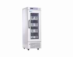  Advalab Blood Refrigerator ensures safe blood storage at four degrees Celsius, plus or minus one degree, with a 208-liter capacity, a rust-proof stainless steel interior, adjustable shelves, and a motorized glass door. It features touch-screen control, forced air circulation, auto-defrost, and a temperature alarm.