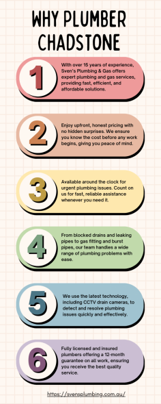 Looking for a reliable plumber in Chadstone? Sven’s Plumbing & Gas has over 15 years of experience offering top-notch plumbing and gas services. From emergency repairs to routine maintenance, we provide fast, efficient, and affordable solutions. Check out our infographic and Visit https://svensplumbing.com.au/plumber-chadstone/ to learn why we’re the go-to plumbers in Chadstone! 