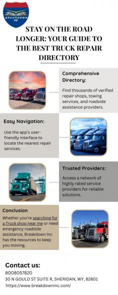 Discover the ultimate truck repair directory for seamless maintenance and repairs. Use the Truck Breakdown app to locate a reliable Truck shop near me instantly. Stay on the road longer with trusted resources for breakdown recovery and quality service providers. Find everything you need at Breakdown Inc today! Visit here to know more:https://breakdowninc.wixsite.com/breakdown/post/stay-on-the-road-longer-your-guide-to-the-best-truck-repair-directory