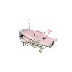 Medzer Obstetric Parturition Bed offers a robust frame with electric controls for labor, delivery, and recovery. Features include adjustable height, lockable leg holders, a cushioned mattress, rotating side rails, an IV stand, movable boards, castor wheels, and a stable brake system.