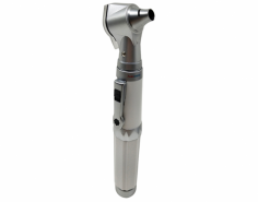 Abimed Otoscope features a three-times magnification window for detailed examination, a twenty-five-lumen LED with a twenty-thousand-hour lifespan for consistent illumination, and customizable ear tips in sizes two point four, three, four, and five millimeters. It ensures clinical precision and reliability in medical settings.