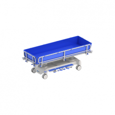 Medzer Hydraulic Shower Bed features a double hydraulic system for transport and showering. It is mobile, height-adjustable, and operated via foot pedals. The bed allows easy patient transfer by removing one side rail, has an extendable bathing cloth, and has a durable steel framework.