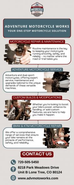 Adventure Motorcycle Works in Lone Tree, Colorado, offers expert motorcycle repair and maintenance services. Specializing in both standard and adventure motorcycles, we provide engine diagnostics, suspension and brake repairs, custom builds, and more. Our skilled mechanics ensure your bike runs at its best. Visit us at 8218 Park Meadows Drive Unit B, Lone Tree, CO 80124 or call 720-505-5450 for reliable service.

Visit Our Website: https://www.advmotoworks.com/