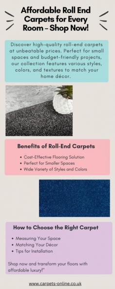 Discover high-quality roll-end carpets at unbeatable prices. Perfect for small spaces and budget-friendly projects, our collection features various styles, colors, and textures to match your home décor. Shop now and transform your floors with affordable luxury!