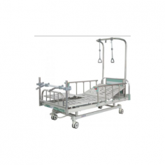 Medzer Orthopedic Traction Bed features a durable powder-coated steel frame, a triple crank system, aluminum side rails, aluminum alloy head/foot boards, and a stainless steel traction shelf, designed for effective orthopedic traction and patient care.