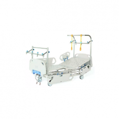 Medzer Orthopedic Traction Bed features a removable, disinfect able ABS headboard and footboard, full-length ABS side rails for safety, and a stainless steel traction frame. It includes casters with brakes, an aluminum frame, bi-limit safety, and an IV stand.