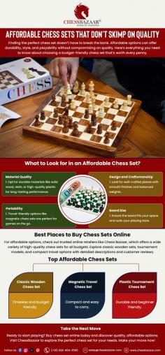 Affordable chess sets offer quality craftsmanship at a reasonable price, making them accessible for enthusiasts and beginners alike. These sets come in various styles and materials, ensuring there's a perfect fit for every player. Whether you're looking for a traditional wooden design or a modern aesthetic, you can easily buy chess set online to enhance your gameplay experience and enjoy hours of strategic fun.

Shop Now: https://www.chessbazaar.com/chess-sets.html