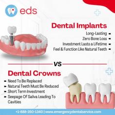 Dental implants Vs Dental Crowns | Emergency Dental Service

Dental implants are a long-term investment that can last a lifetime, with no bone loss and a natural feel and functionality. On the other hand, dental crowns need to be replaced, involve a reduction of natural teeth, and can cause salivary seepage and cavities. Dental implants are a more permanent and reliable solution than dental crowns. Schedule an appointment at 1-888-350-1340. 