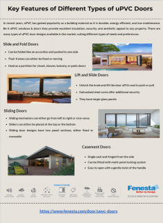 uPVC doors are durable, energy-efficient, and low-maintenance, offering various designs for diverse needs. Slide and fold doors maximize space, lift and slide doors provide security with larger glass panels, and sliding doors offer sleek functionality. Casement doors ensure easy operation with enhanced security features. Visit https://www.fenesta.com/door/upvc-doors