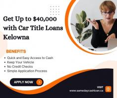 When life throws unexpected expenses your way, Same Day Cash Loan in Kelowna is here to help. Our car title loans allow you to use your vehicle’s title as collateral for fast cash. The process is simple and quick, and you can keep driving your car while repaying the loan. No hassle, no credit checks—just fast approval. Apply online today!
