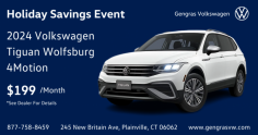 This holiday season, don’t miss out on incredible savings at our Holiday Savings Event! Lease a 2024 Volkswagen Tiguan Wolfsburg 4Motion for only $199/month!

The 2024 Tiguan Wolfsburg is packed with features for a premium driving experience. With 4Motion all-wheel drive, advanced safety technology, and a comfortable, stylish interior, it’s the perfect vehicle for all your holiday travels and beyond. Whether you’re navigating snowy roads or cruising on the highway, the Tiguan ensures a smooth and confident ride.

Hurry in to Gengras Volkswagen at 245 New Britain Ave, Plainville, CT 06062 to take advantage of this amazing offer. Have questions? Call us at 877-758-8459 or visit www.gengras.com for more details.

This limited-time offer won’t last long!
See dealer for details. Terms and conditions apply.

Website: https://www.gengrasvw.com/
FaceBook: https://www.facebook.com/gengrasvolkswagen/
Buisness Name : Gengras Volkswagen