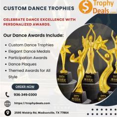 Celebrate dancers' talent and passion with our elegant Dance Trophies at Trophy Deals! Perfect for solos, groups, and recitals, our trophies can be personalized with names, dates, and messages. Order today at 936-349-0300 or sales@trophydeals.com. Pickup at 2595 Waldrip Rd, Madisonville, TX.

