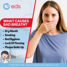 Several factors, such as dry mouth, smoking, poor hygiene, a lack of flossing, and plaque buildup can cause bad breath. These factors increase the growth of harmful bacteria in the mouth, resulting in bad odors and indicating underlying dental health problems requiring immediate care. Schedule an appointment for Dental Emergency at 1-888-350-1340.

For More: https://www.emergencydentalservice.com/