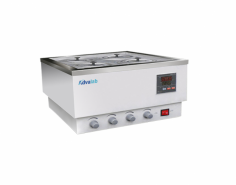 Advalab Analog Water Bath is a reliable temperature-controlled instrument for precise laboratory heating. It features a durable stainless steel exterior, a digital display, a temperature accuracy of plus or minus 0.1 degrees Celsius, a brushless motor, a built-in drain, safety alerts, and quiet, energy-efficient operation.