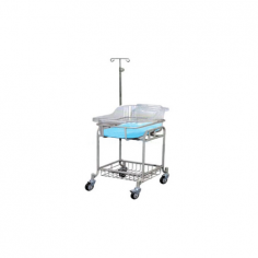 Medzer Baby Bassinet Trolley features a durable stainless steel 304 frame, a tillable acrylic bedplate, and a transparent crib with bedding. It is designed for convenience with caster wheels, two with brakes and two without, a mesh basket tray, and an easy-to-clean design.