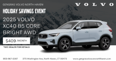 Celebrate the season with incredible savings at Gengras Volvo North Haven! Right now, drive home a brand-new 2025 Volvo XC40 B5 CORE Bright AWD for just $409/month. With advanced safety features, cutting-edge technology, and Scandinavian design, the XC40 is the perfect SUV for any driver. This limited-time offer won’t last long, so visit us today and take advantage of these holiday savings! Our team is ready to help you get into your next Volvo with ease. Don't miss out—stop by Gengras Volvo North Haven for your test drive today!