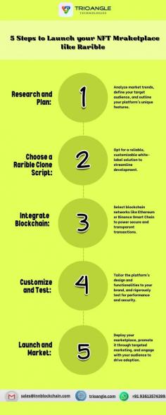 
Discover the essential roadmap to launching your #NFT marketplace like Rarible with our simple 5-step guide. From planning to deployment, learn how to build, customize, and scale your platform effortlessly!

To Know more : 

Mail ID - sales@innblockchain.com
Whatsapp - +91 93613574399 
Visit us - https://www.trioangle.com/rarible-clone/ 





