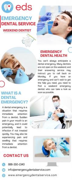 As both of us are aware, dental emergencies usually happen during regular business hours. Because of this, Emergency Dental Service staff members are constantly prepared to provide you with the best care in the event of a life-threatening oral emergency, such as a severe toothache, broken crown, or damaged filling. If you need a dentist Emergency Dentist open on Saturday in Houston, TX, we provide you with exceptional services. On weekends, make an appointment or give us a call at 1-888-350-1340.

Website: https://www.emergencydentalservice.com/weekend-dentist-open-saturday-sunday/houston-tx