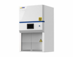 LabDex Biological Safety Cabinet offers operator, sample, and environmental protection with 70 percent air recirculation and 30 percent air exhaustion. Key specs include a touchscreen LCD for monitoring airflow and filter status, a motorized front window, stainless steel construction, and HEPA filters.