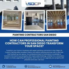 Transform your home or business with expert painting contractors in San Diego. SD Custom Painting offers excellent interior and exterior painting services with a new look that freshens up any space. Our professional team of renovators is available to transform the look of your property with impeccable finishings, whether it is a renovation project or simply upgrading the property. Learn how we can upgrade your property with precision and care. Call now!