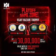 The Vijay Hazare Trophy is one of India's most prestigious domestic cricket tournaments, showcasing incredible talent and nail-biting matches. As the competition heats up in the play-off game zone, fans are eager to witness their favorite teams battle it out for supremacy. If you're a cricket enthusiast looking for the best way to engage with this thrilling tournament, CricMatch, the ultimate online gaming site, has you covered!
Start your journey with CricMatch, the premier online gaming site for cricket enthusiasts!
