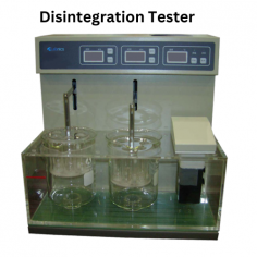 Labnics Disintegration Tester is a pharmaceutical testing instrument with a beaker vessel apparatus. It has a nacelle frequency, an automatic time range from 1 to 900 minutes, a 1000 milliliter beaker capacity, and a temperature range from room temperature to 45 degrees Celsius.
