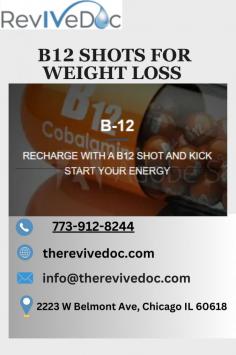 B12 shots for weight loss are gaining popularity for their potential benefits. At Revive Doc, we offer B12 injections to help boost your energy and support your metabolism. Vitamin B12 plays a vital role in converting food into energy, which can help enhance weight loss efforts when combined with a healthy diet and exercise. These shots may also reduce fatigue, making it easier to stay active. While B12 shots alone won’t cause significant weight loss, they can be a great addition to your wellness routine. 

Visit here for more information: https://therevivedoc.com/inject/   

