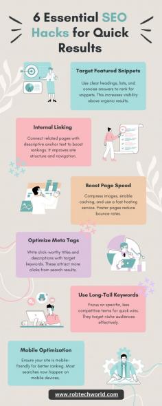 This infographic showcases six simple yet powerful SEO strategies to quickly improve your website's performance. From optimizing meta tags and using internal links to improving page speed and targeting long-tail keywords, these hacks can bring fast, effective results. Learn how working with an SEO company in Zirakpur can help maximize these efforts and achieve measurable success. Perfect for anyone looking to boost their online presence quickly and efficiently! Visit us - https://robtechworld3435.blogspot.com/2025/01/is-your-zirakpur-seo-agency-using-these.html