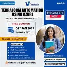 “Terraform + Azure: The Automation Duo for Modern Infrastructure” Join Now: https://meet.goto.com/574929613 	 Attend an Online Free Demo on Terraform Automation using Azure course by Mr.Santhosh Demo on:Date: 04/01/2025 @9:00 AM IST  Contact us: +919989971070 WhatsApp: https://www.whatsapp.com/catalog/919989971070/ Visit us: https://www.visualpath.in/terraform-online-training.html 