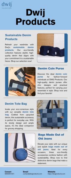 Elevate your style with our unique and stylish bags made out of old jeans. Ideal for every occasion, these eco-friendly accessories combine fashion with sustainability. Shop now to find distinctive denim bags that make a statement while being kind to the planet.

More info
Email Id-	contact@dwijproducts.com
Phone No-	8369051021	
Website-	https://dwijproducts.com/collections/bags