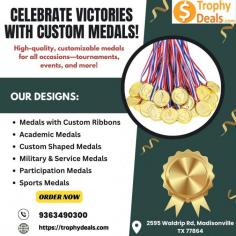 Trophy Deals creates custom medals that celebrate achievements with style and precision. Perfect for sports, academics, or special events, our high-quality medals honor excellence. Contact us at 936-349-0300 or sales@trophydeals.com. Pick up orders at 2595 Waldrip Rd, Madisonville, TX 77864—no showroom, just exceptional service!

