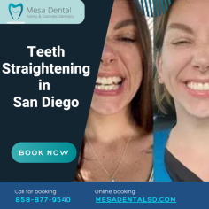 Achieve a straighter smile with professional teeth straightening in San Diego at Mesa Dental. Whether you choose Invisalign or traditional braces, our expert team will provide personalized care to help you get the smile you’ve always wanted. Schedule a consultation today and take the first step toward a confident, beautiful smile!