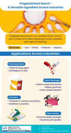 Pregelatinized starch is a versatile, modified ingredient sourced from corn, wheat, potatoes, or tapioca. It offers easy solubility and rapid thickening, making it ideal for applications in pharmaceuticals, food & beverages, cosmetics, and the paper industry. From binding agents in tablets to stabilizing creams, its diverse uses enhance product performance across multiple sectors.