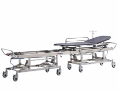 Abimed Patient Transfer Stretcher is designed for safe and efficient patient transport. It features a durable stainless steel body, smooth-rolling castor wheels for easy movement, and a safety wheel lock system for stability. Its removable, easy-to-clean upholstery mattress ensures hygiene and comfort.