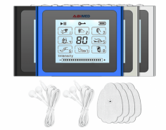 Abimed Nerve Stimulator features a 1.7” LCD, 8 massage modes, and 20 intensity levels for effective pain relief. It includes dual channels, 1 massager, 4 pads, 2 electrode wires, a power adapter, and a USB cable, delivering versatile and comprehensive therapy in a compact, portable design.