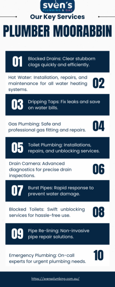 Discover reliable plumbing solutions in Moorabbin with our expert team! From blocked drains to emergency plumbing, we provide fast and efficient services tailored to your needs. Explore our infographic to learn more about our offerings, including hot water repairs, gas plumbing, toilet fixes, pipe relining, and more. Your trusted plumbers are just a call away and Visit Plumber Moorabbin https://svensplumbing.com.au/plumber-moorabbin/