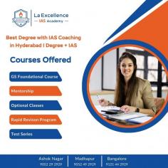 https://laex.in/ias-graduation/   Looking for the best degree with IAS coaching in Hyderabad? La Excellence IAS Academy offers a unique Degree + IAS program that combines undergraduate studies with expert UPSC coaching. This integrated approach allows you to pursue your degree while simultaneously preparing for the Civil Services Examination. With top-notch faculty, personalized mentorship, and a well-structured curriculum, we ensure that you receive the best of both worlds – academic excellence and thorough IAS preparation. Our program is designed to help you manage both your degree coursework and UPSC preparation efficiently. Join La Excellence today to get a head start in your UPSC journey while completing your degree. Let us help you turn your aspirations into achievements with our proven coaching strategies and guidance.