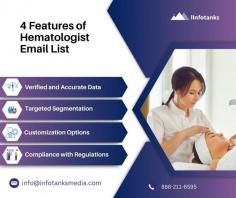 The Hematologist Email List from IInfotanks offers a highly targeted and reliable resource for businesses and organizations aiming to connect with professionals in the field of hematology. This meticulously curated list includes verified contact details, ensuring accuracy and reducing bounce rates for effective email marketing campaigns. The list is segmented based on specific criteria such as location, specialty, and hospital affiliation, allowing you to tailor your outreach efforts and reach the right audience with precision.
IInfotanks' Hematologist Email List provides comprehensive contact information, including email addresses, phone numbers, job titles, and more, enabling personalized communication. The list is regularly updated to maintain its relevance and accuracy, ensuring you are targeting active and engaged professionals.
Additionally, IInfotanks prioritizes compliance with data privacy regulations, such as GDPR and CAN-SPAM, ensuring that your email campaigns are both effective and legally compliant. With this list, businesses can confidently reach hematologists for marketing, research, and partnership opportunities.
 For more info visit us https://www.iinfotanks.com/healthcare-email-lists/hematologist-email-list/
 